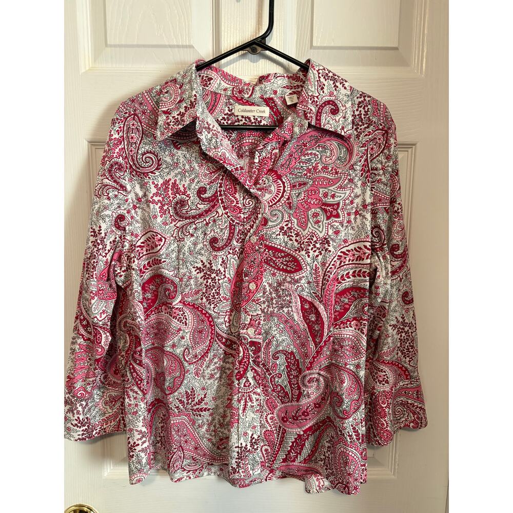 Coldwater creek women’s Paisley button down shirt pink white size XL